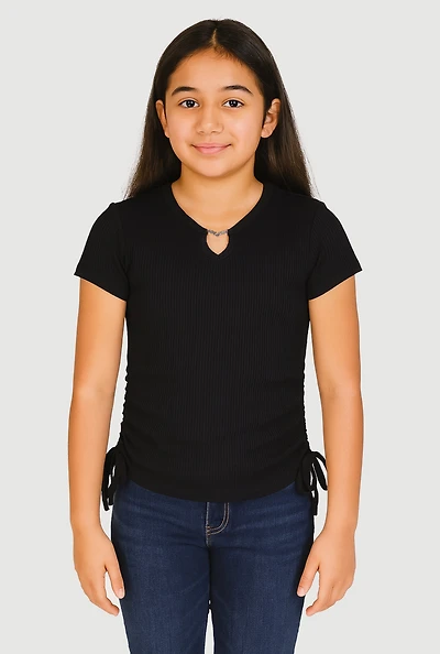 Girls Ribbed Knit Heart Keyhole T Shirt