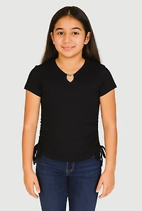 Girls Ribbed Knit Heart Keyhole T Shirt