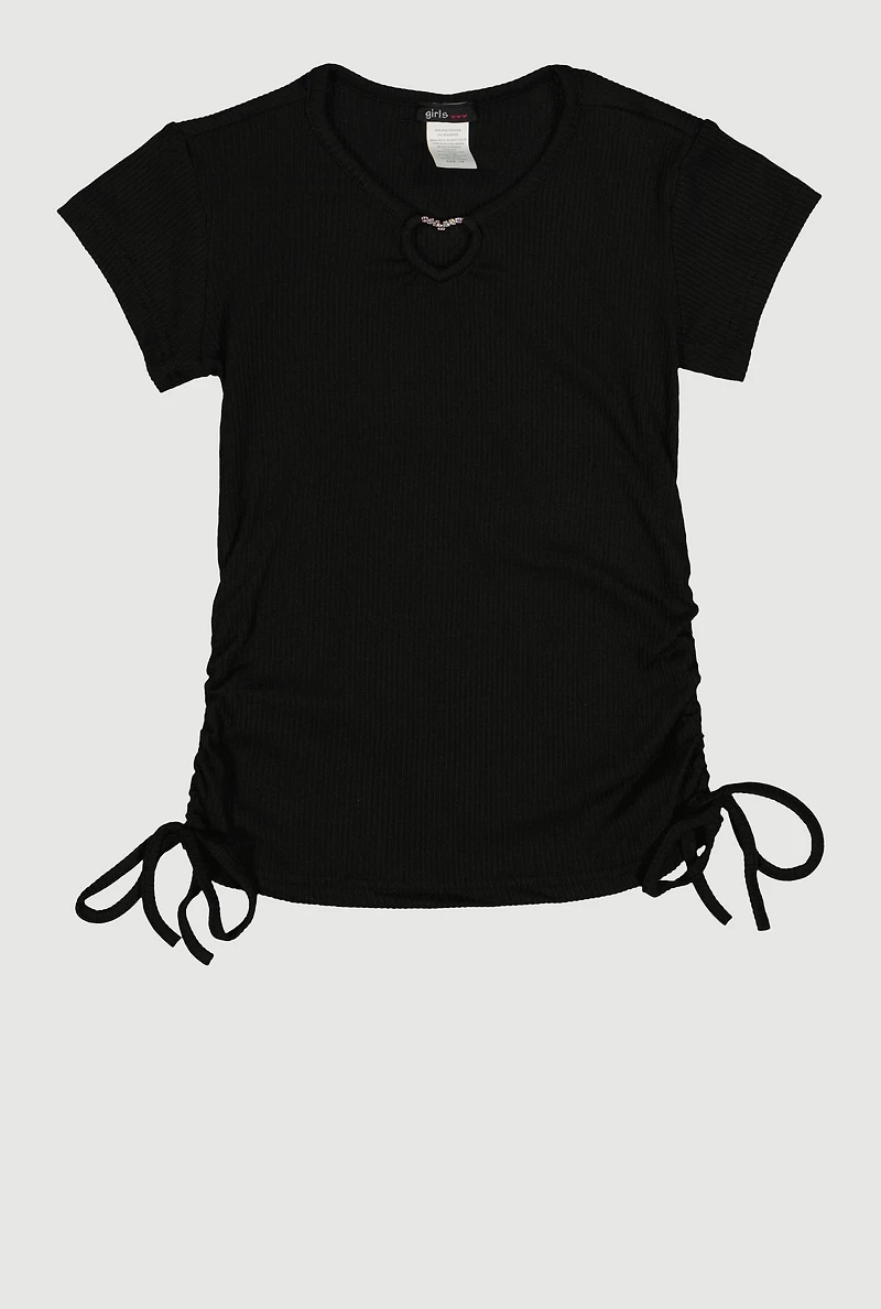 Girls Ribbed Knit Heart Keyhole T Shirt