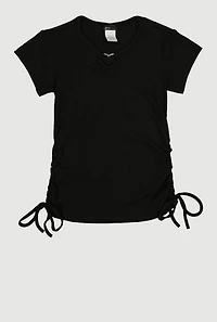 Girls Ribbed Knit Heart Keyhole T Shirt