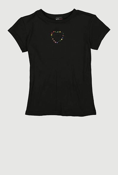 Girls Rhinestone Keyhole Heart Rib Knit Tee