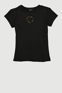 Girls Rhinestone Keyhole Heart Rib Knit Tee