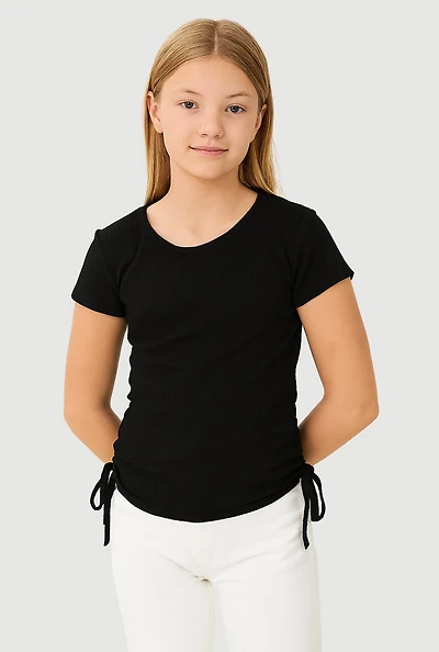 Girls Ribbed Knit Side Ruched Tee
