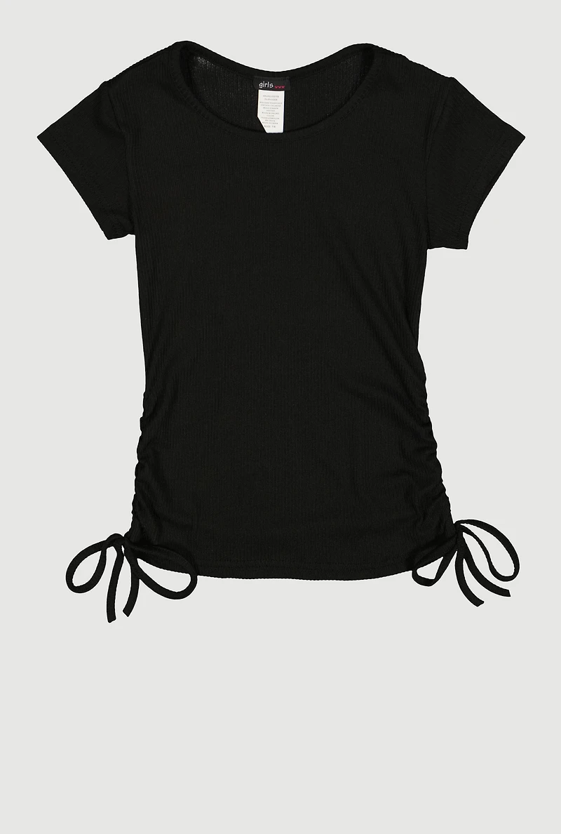 Girls Ribbed Knit Side Ruched Tee