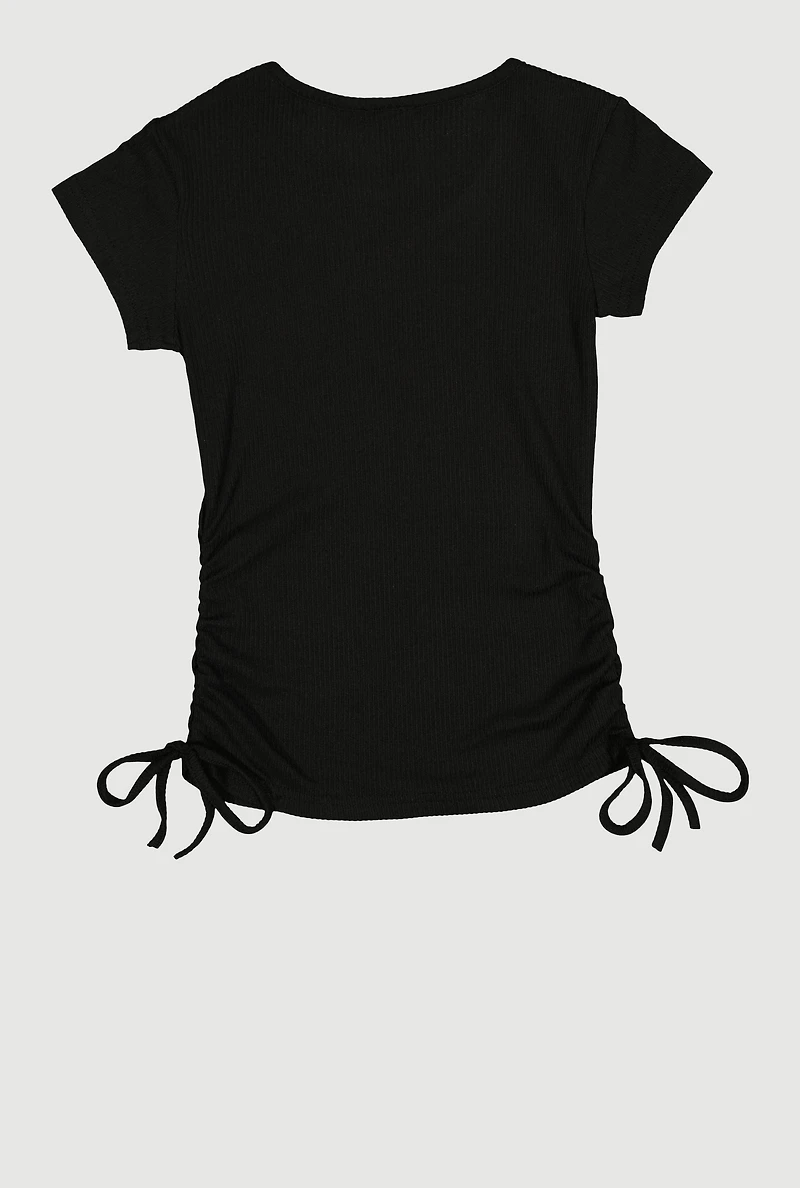 Girls Ribbed Knit Side Ruched Tee