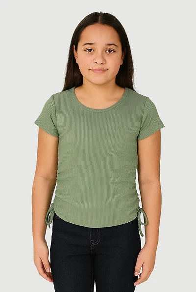 Girls Ribbed Knit Side Ruched Tee, Green, Size 7-8