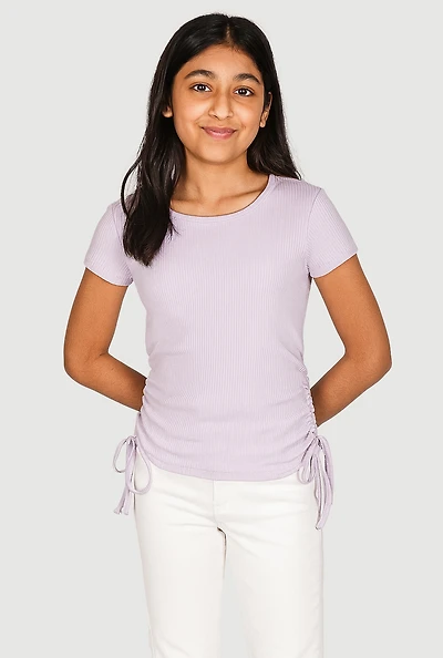 Girls Ribbed Knit Side Ruched Tee, Purple, Size 7-8
