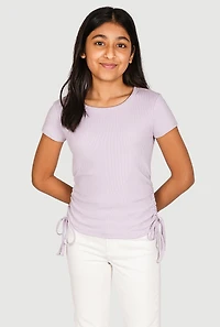 Girls Ribbed Knit Side Ruched Tee, Purple, Size 7-8