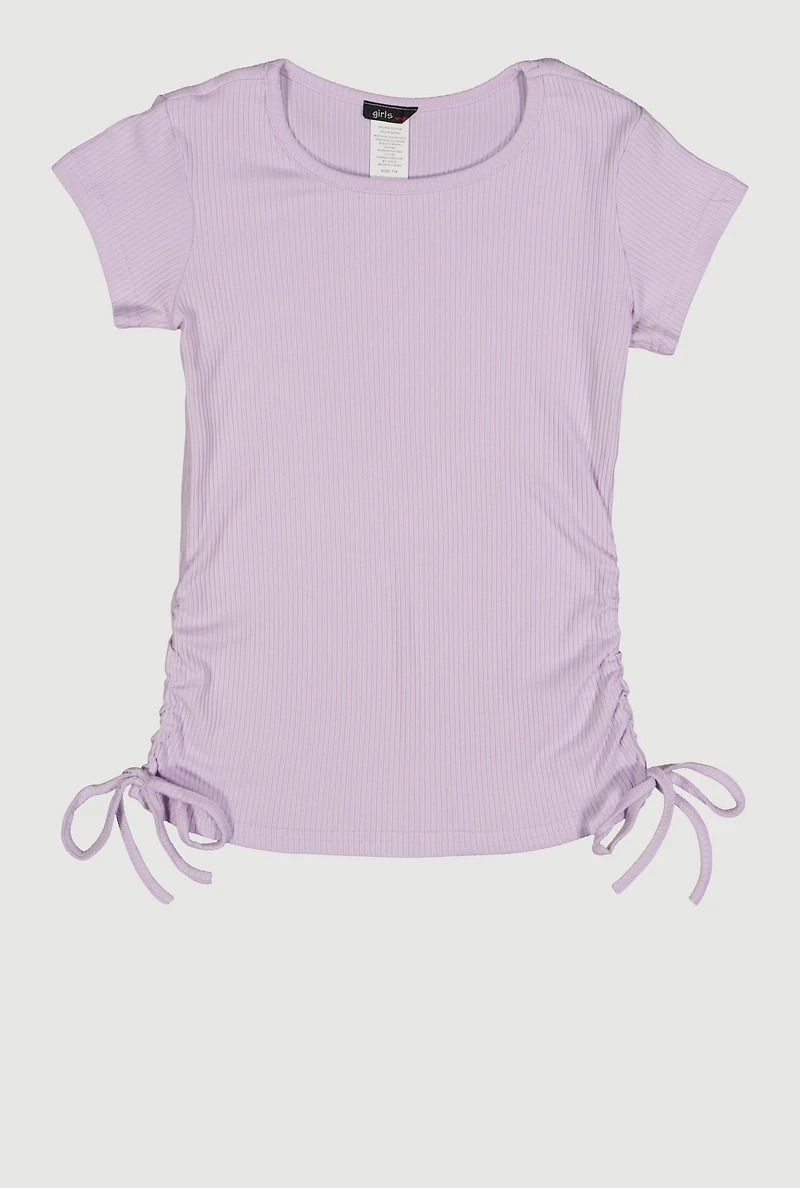 Girls Ribbed Knit Side Ruched Tee, Purple, Size 7-8