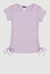 Girls Ribbed Knit Side Ruched Tee, Purple, Size 7-8