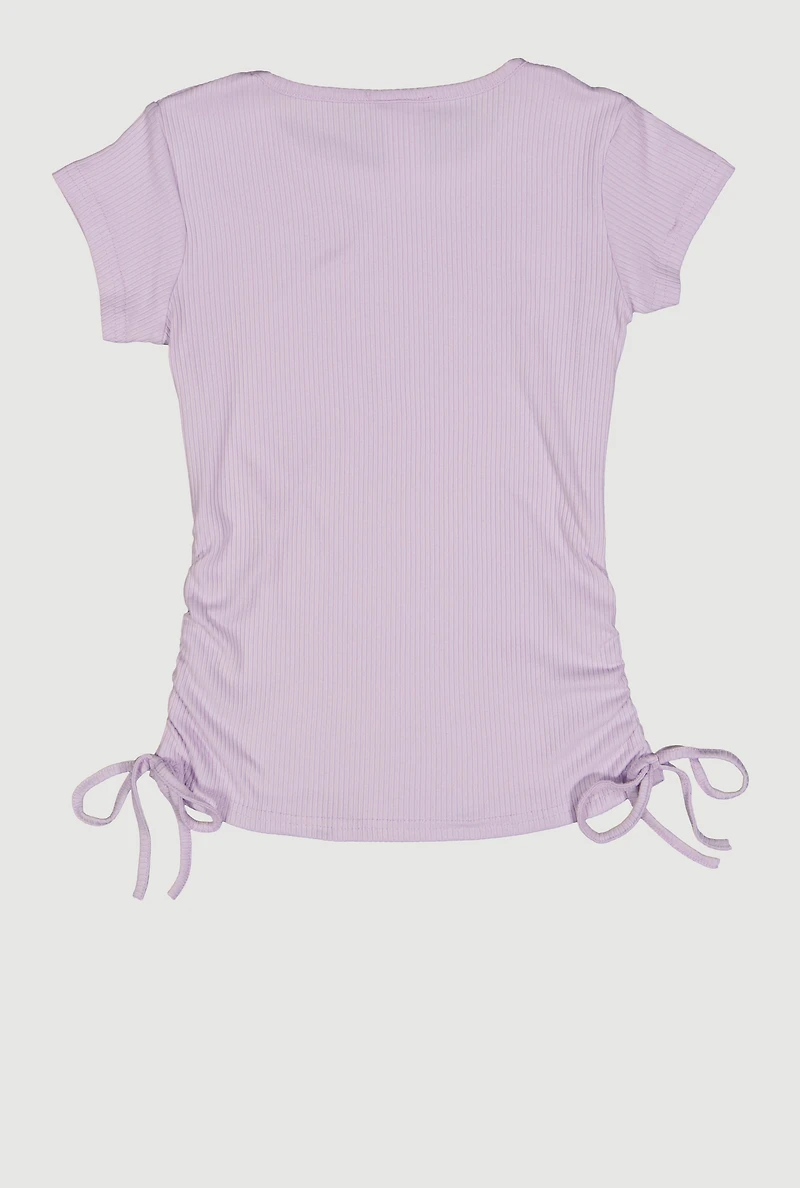Girls Ribbed Knit Side Ruched Tee, Purple, Size 7-8