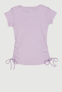 Girls Ribbed Knit Side Ruched Tee, Purple, Size 7-8