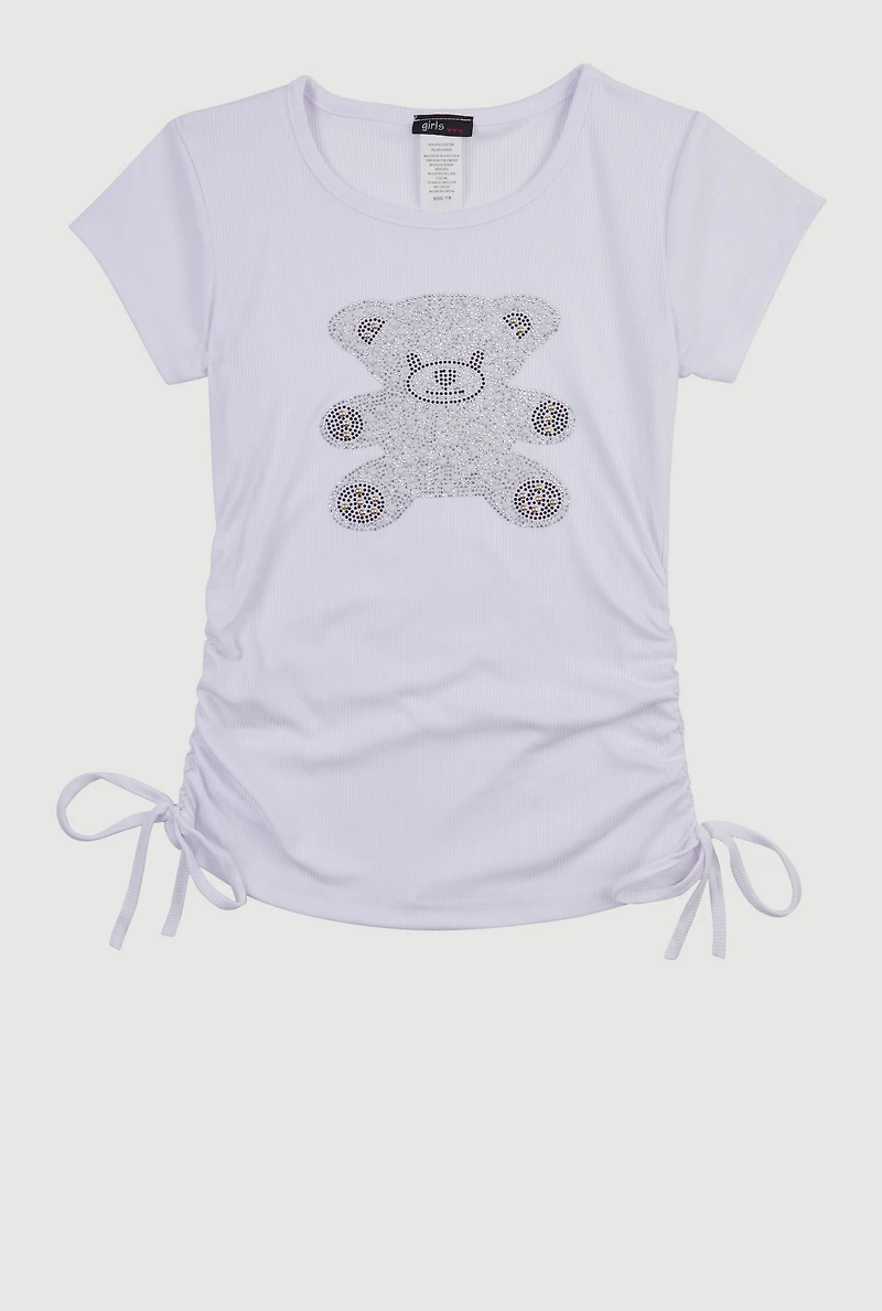 Girls Studded Teddy Bear Graphic Top, White, Size 7-8