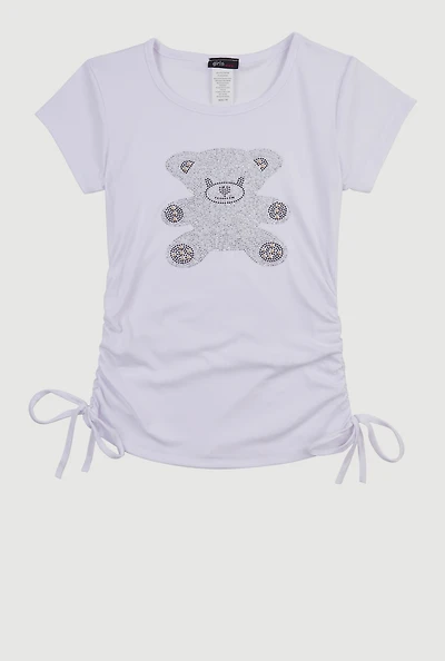 Girls Studded Teddy Bear Graphic Top, White, Size 7-8