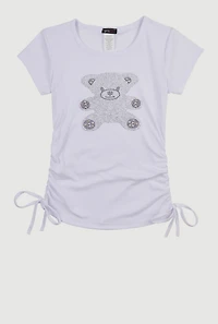 Girls Studded Teddy Bear Graphic Top, White, Size 7-8