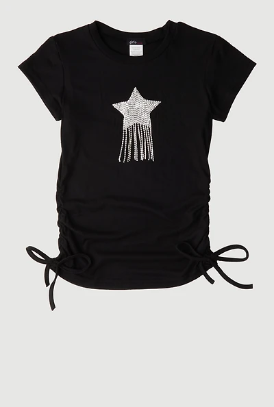 Girls Rhinestone Fringe Star Ruched Top, Black, Size 10-12