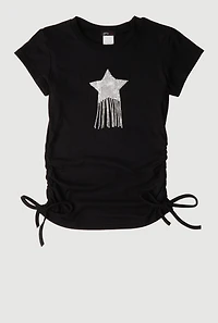 Girls Rhinestone Fringe Star Ruched Top, Black, Size 10-12