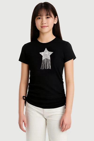 Girls Rhinestone Fringe Star Ruched Top,