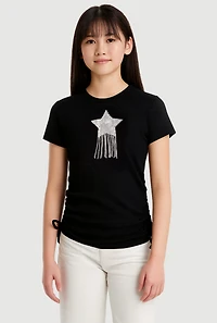 Girls Rhinestone Fringe Star Ruched Top,