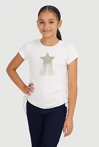Girls Rhinestone Fringe Star Ruched Top, White,