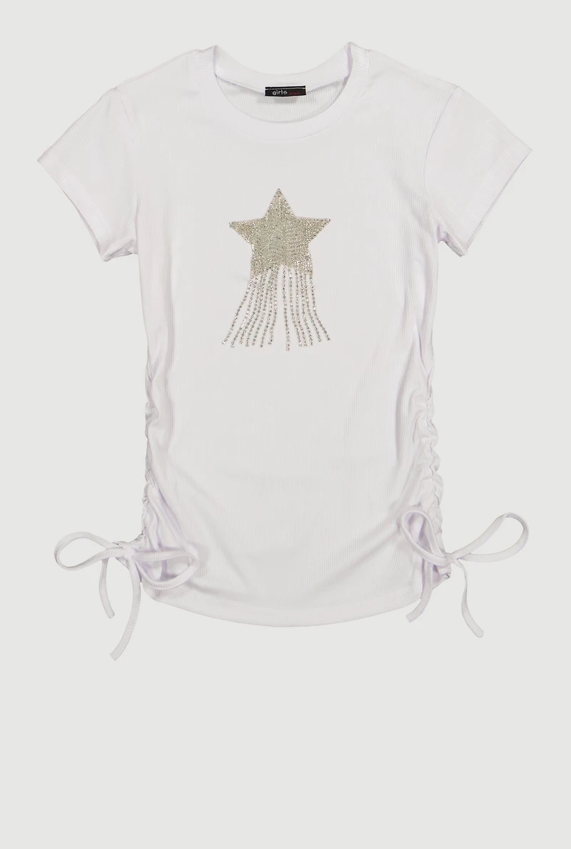 Girls Rhinestone Fringe Star Ruched Top, White,