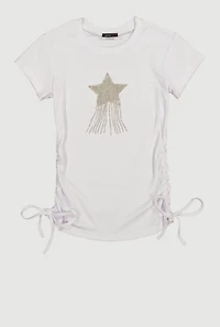 Girls Rhinestone Fringe Star Ruched Top, White,