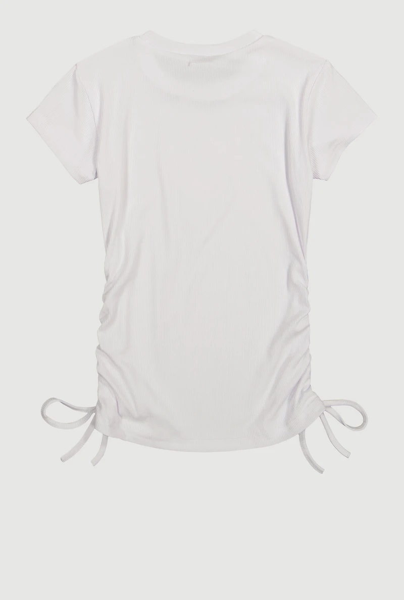 Girls Rhinestone Fringe Star Ruched Top, White,