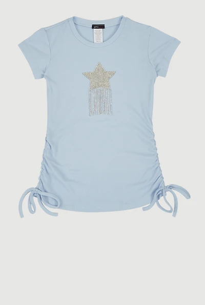 Girls Rhinestone Fringe Star Ruched Top, Blue, Size 14-16