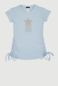 Girls Rhinestone Fringe Star Ruched Top, Blue, Size 14-16