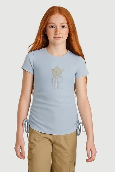 Girls Rhinestone Fringe Star Ruched Top, Blue, Size 7-8