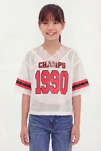 Girls Lace Trim V-Neck Graphic Football Jersey