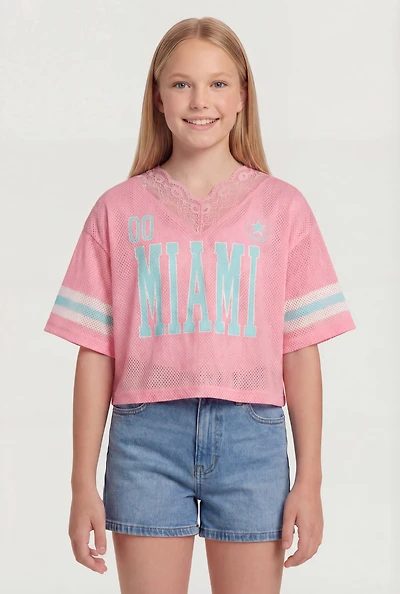 Girls Lace Trim V-Neck Graphic Football Jersey