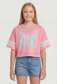 Girls Lace Trim V-Neck Graphic Football Jersey