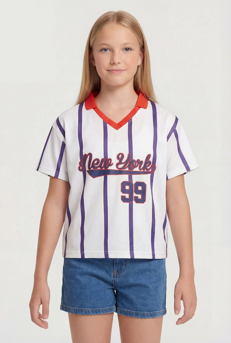Girls Striped New York 99 Graphic Mesh Jersey