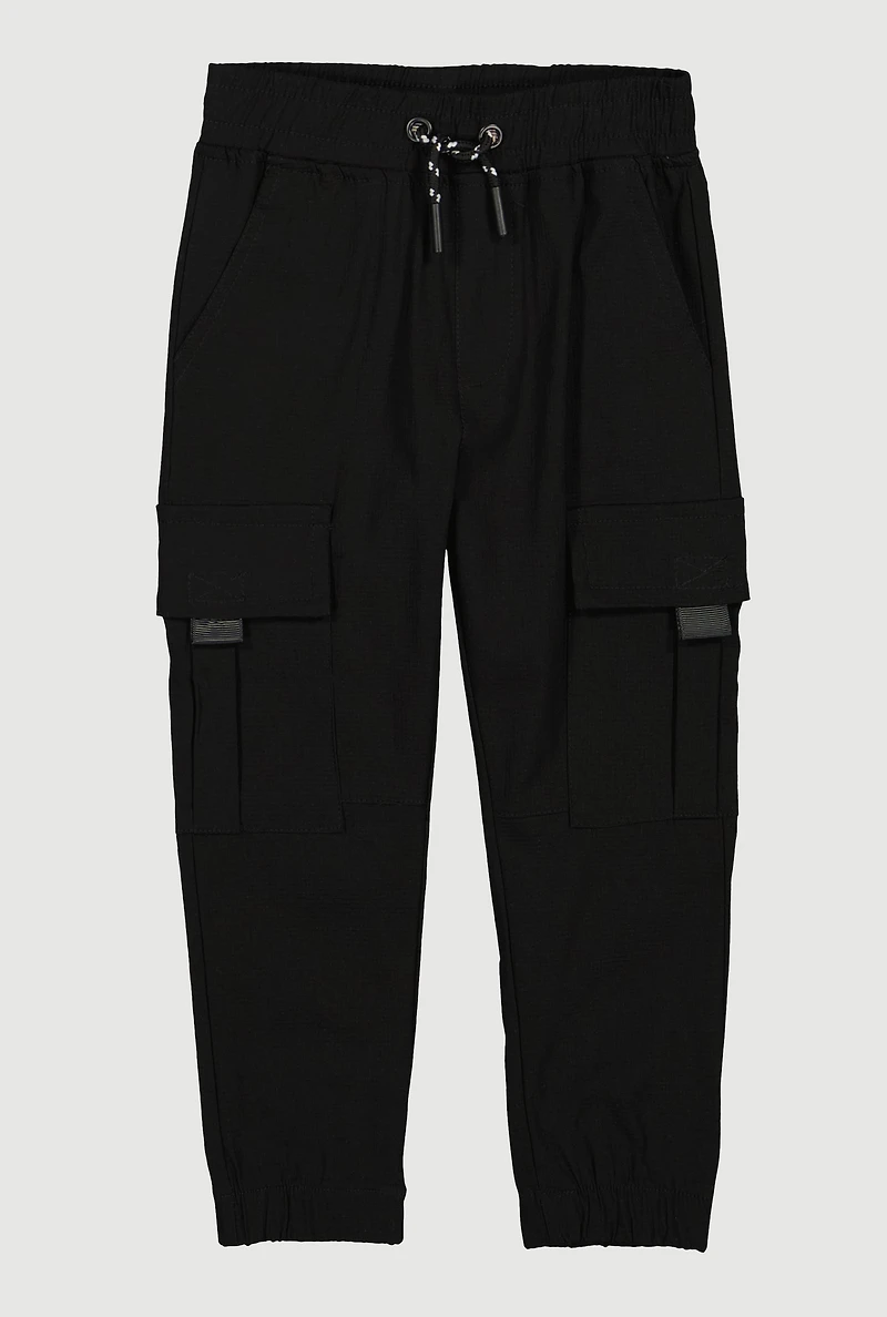 Little Boys Drawstring Cargo Pocket Joggers, Black,