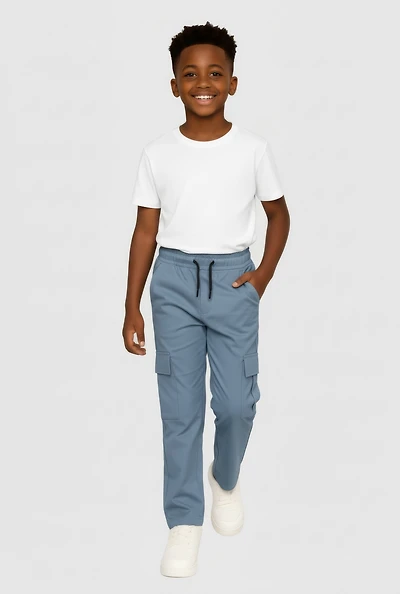 Little Boys Drawstring Waist Cargo Pants, Blue, Size 7