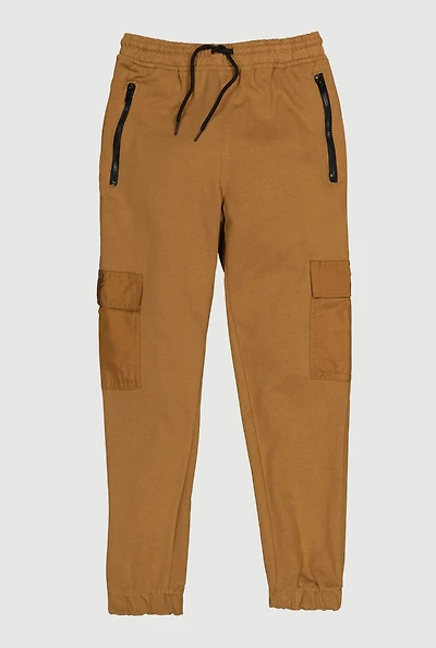 Boys Zip Pocket Cargo Sweatpants, Khaki, Size 12-14