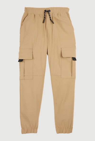 Boys Drawstring Waist Cargo Pocket Joggers, Khaki, Size 8
