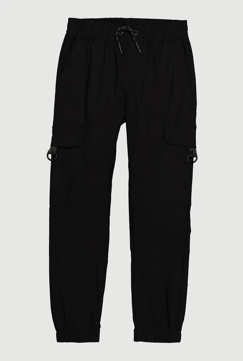 Boys Cargo Pocket Drawstring Joggers, Black, Size 14-16