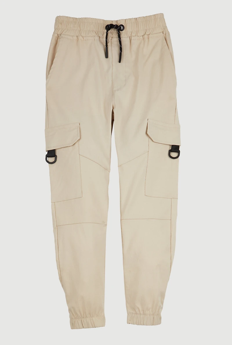 Boys Drawstring D Ring Cargo Joggers, Khaki, Size 14-16