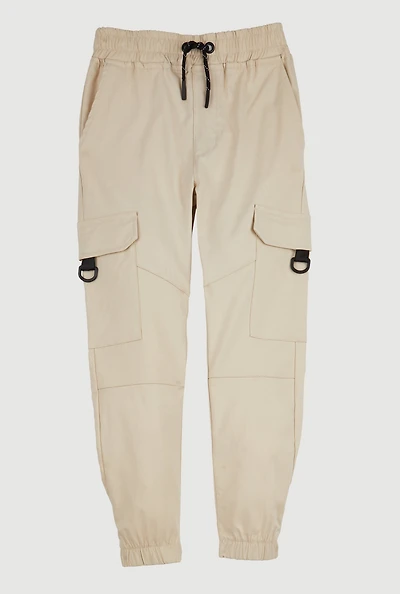 Boys Drawstring D Ring Cargo Joggers, Khaki, Size 8