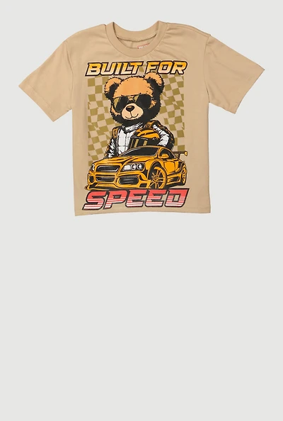 Little Boys Built For Speed Bear Tee, Beige, Size 4
