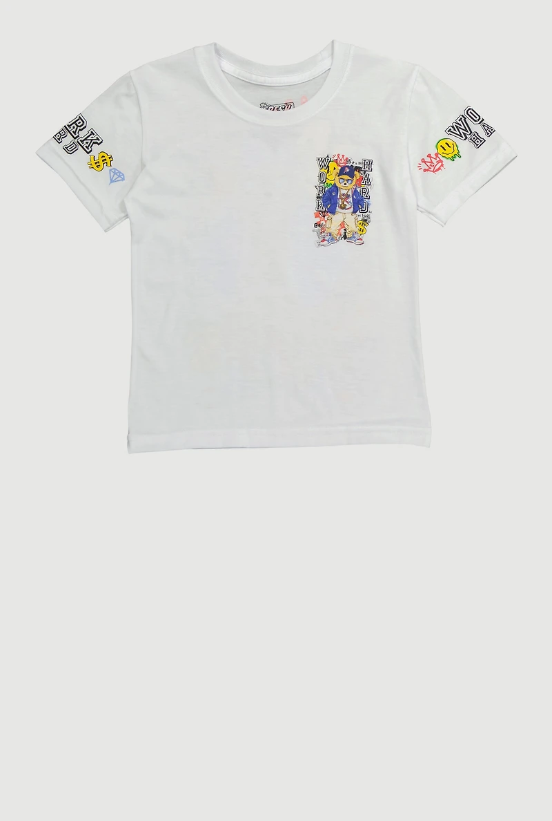 Little Boys Work Hard Teddy Graphic Crew Neck Tee, White, Size 4