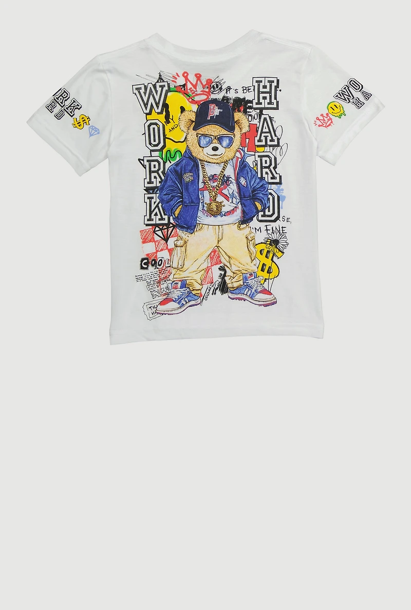 Little Boys Work Hard Teddy Graphic Crew Neck Tee, White, Size 7