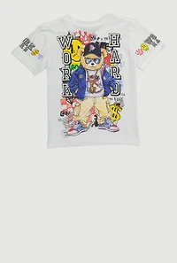 Little Boys Work Hard Teddy Graphic Crew Neck Tee, White, Size 7