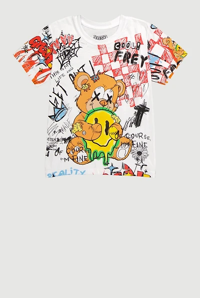 Little Boys Graffiti Print Crew Neck T-Shirt, Multi, Size 5-6