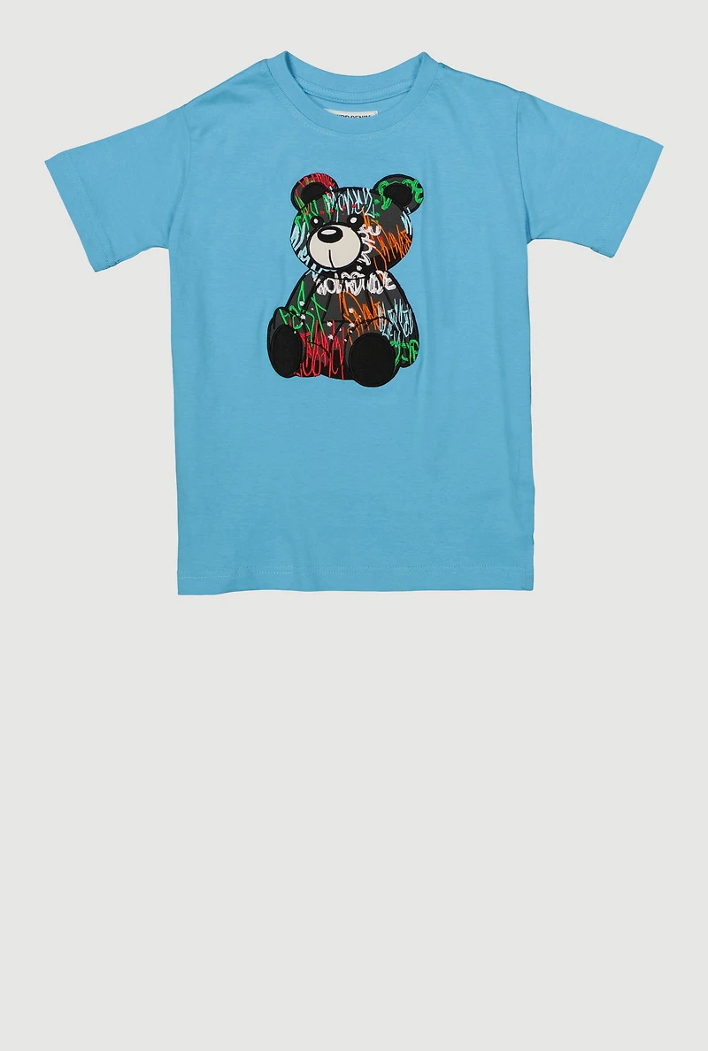 Little Boys Graffiti Bear Patch Graphic Tee, Blue, Size 6