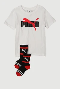 Little Boys Puma Logo Tee with Socks, White, Size 5