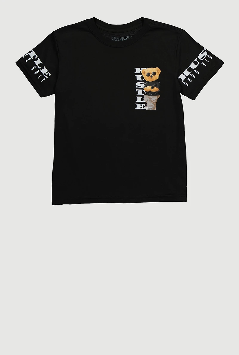 Boys Hustle Teddy Graphic Crew Neck T Shirt, Black, Size M