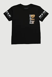 Boys Hustle Teddy Graphic Crew Neck T Shirt, Black, Size M
